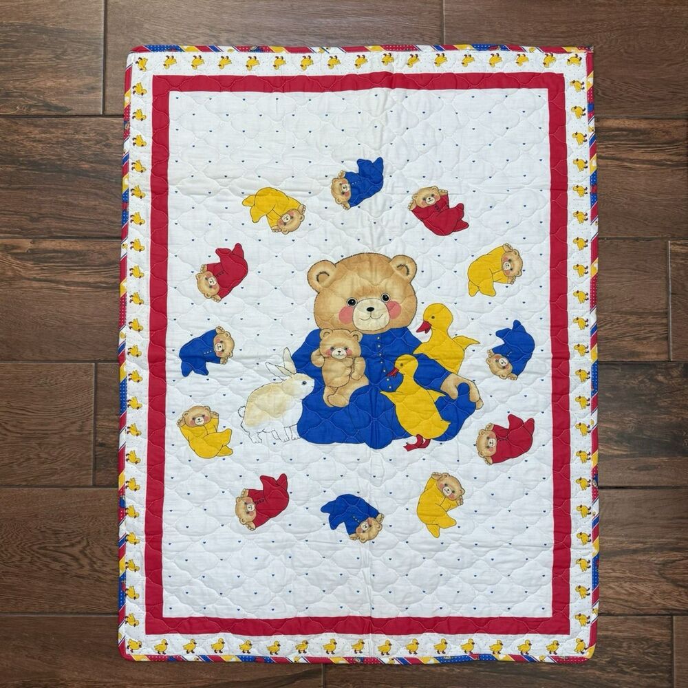 Vintage BABY Quilt Teddy Bears Ducks Striped Trim Blanklet Handmade Reversible
